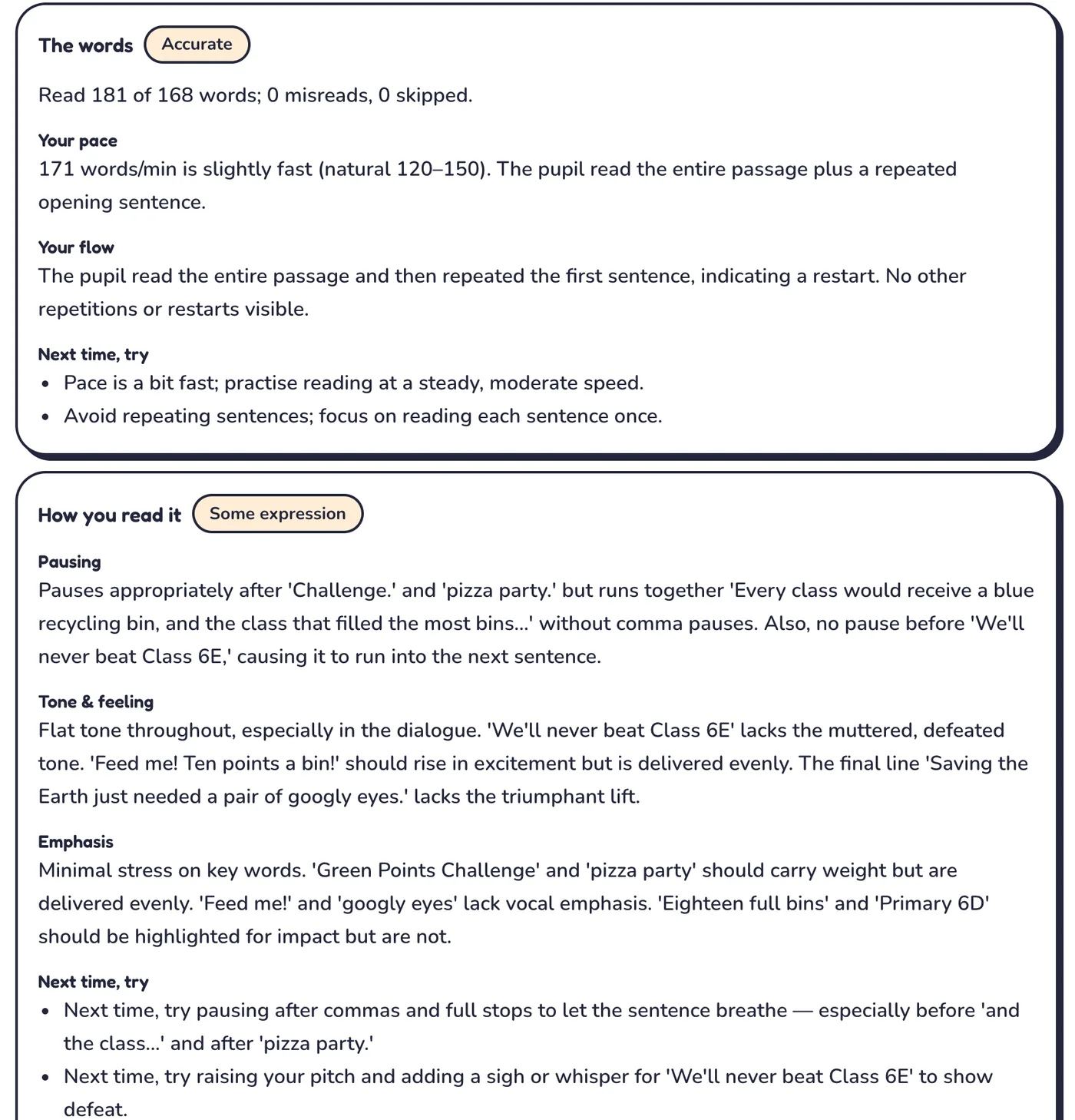 The AI marking: a words card graded 'Accurate' reporting words read, misreads and pace, and an expression card graded 'Some expression' with notes on pausing, tone and emphasis.