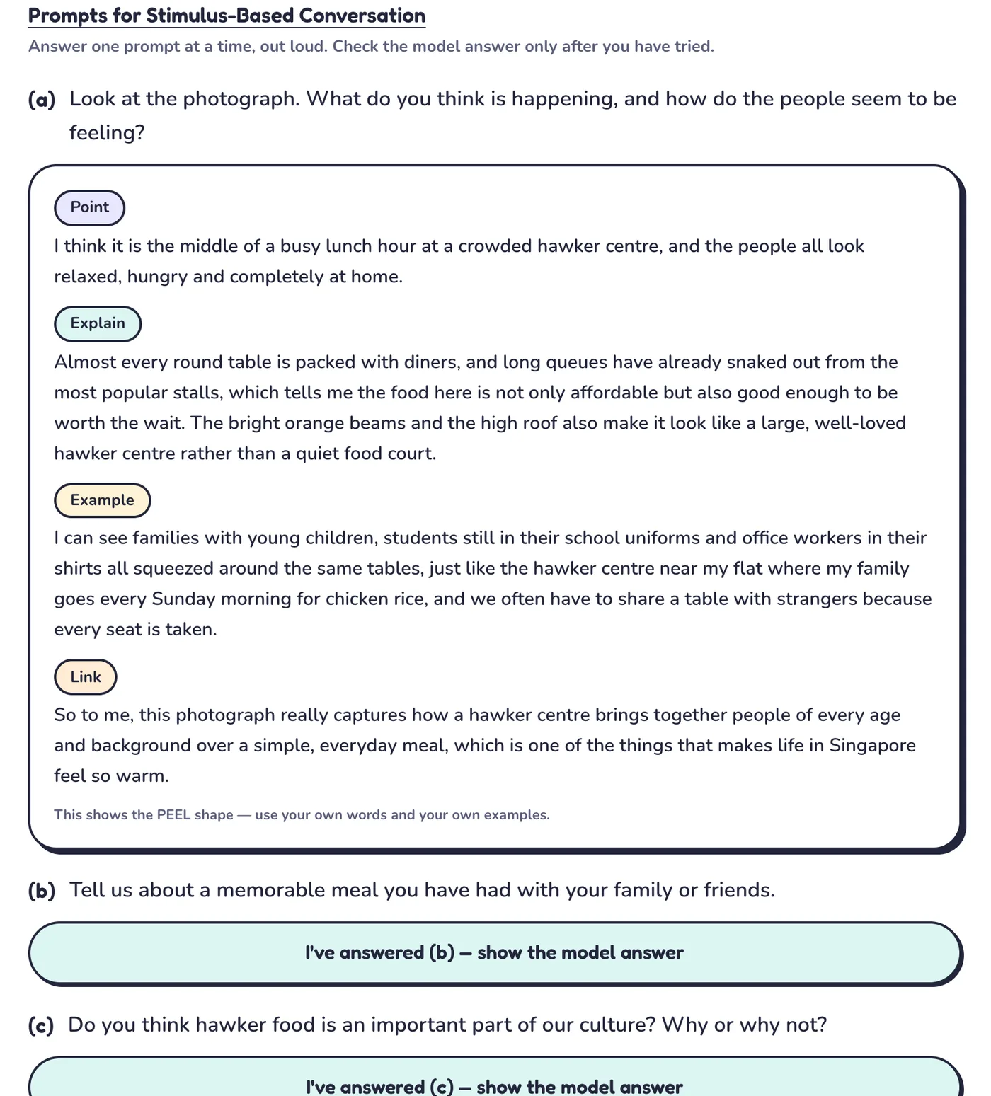 A model answer for the stimulus-based conversation, broken into Point, Explain, Example and Link, revealed only after the student has answered.