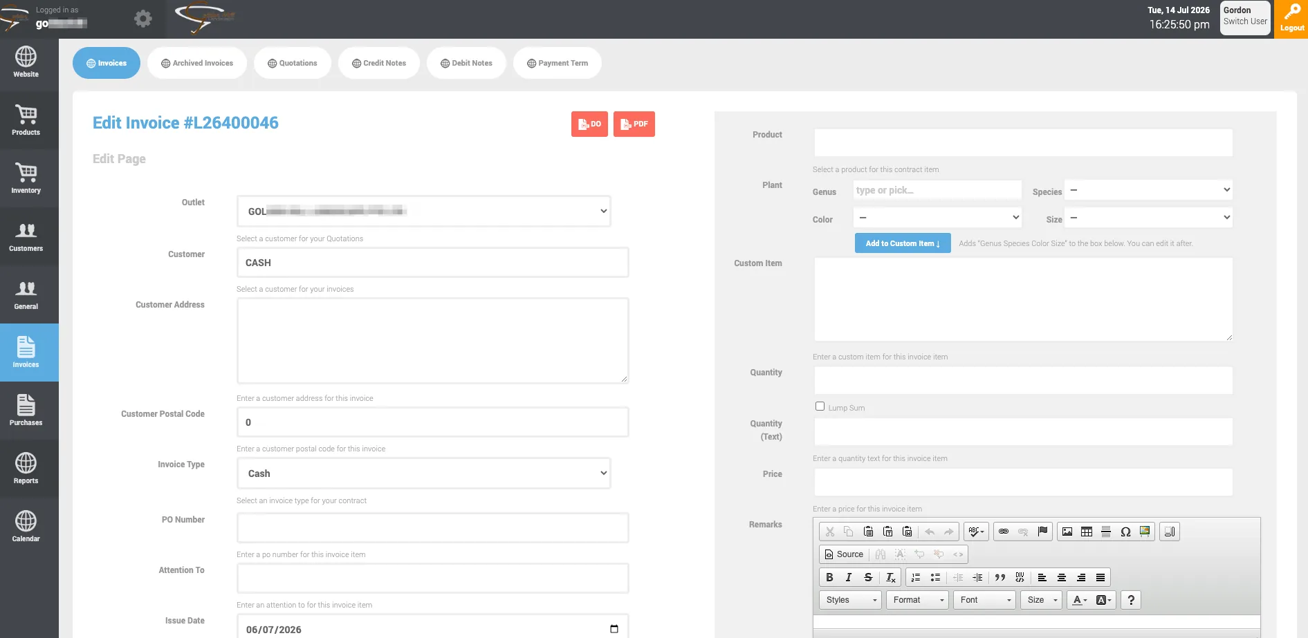 The legacy invoice editor, a dense form with genus, species, colour and size pickers feeding a free-text custom item box.