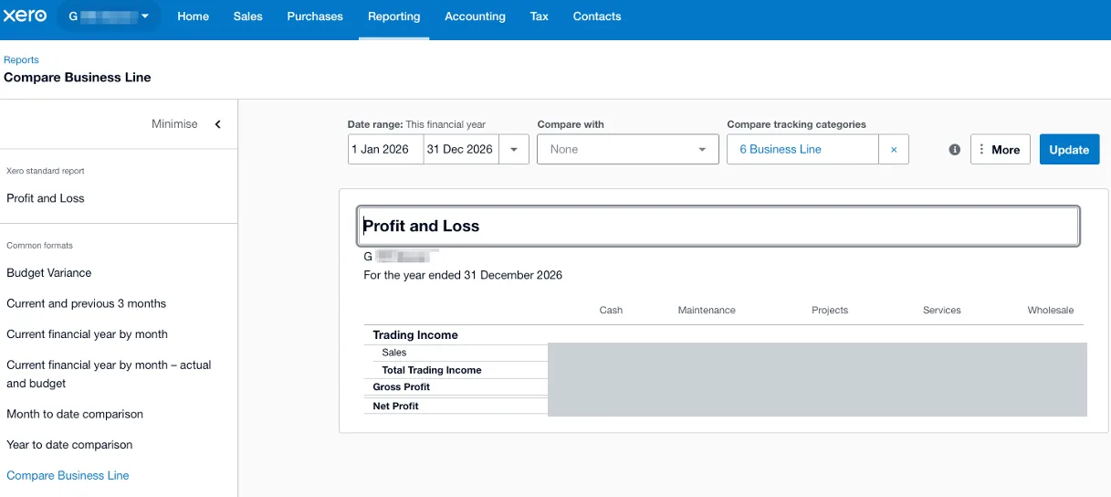 A Xero profit-and-loss report comparing business lines: cash, maintenance, projects, services and wholesale. Figures are redacted.