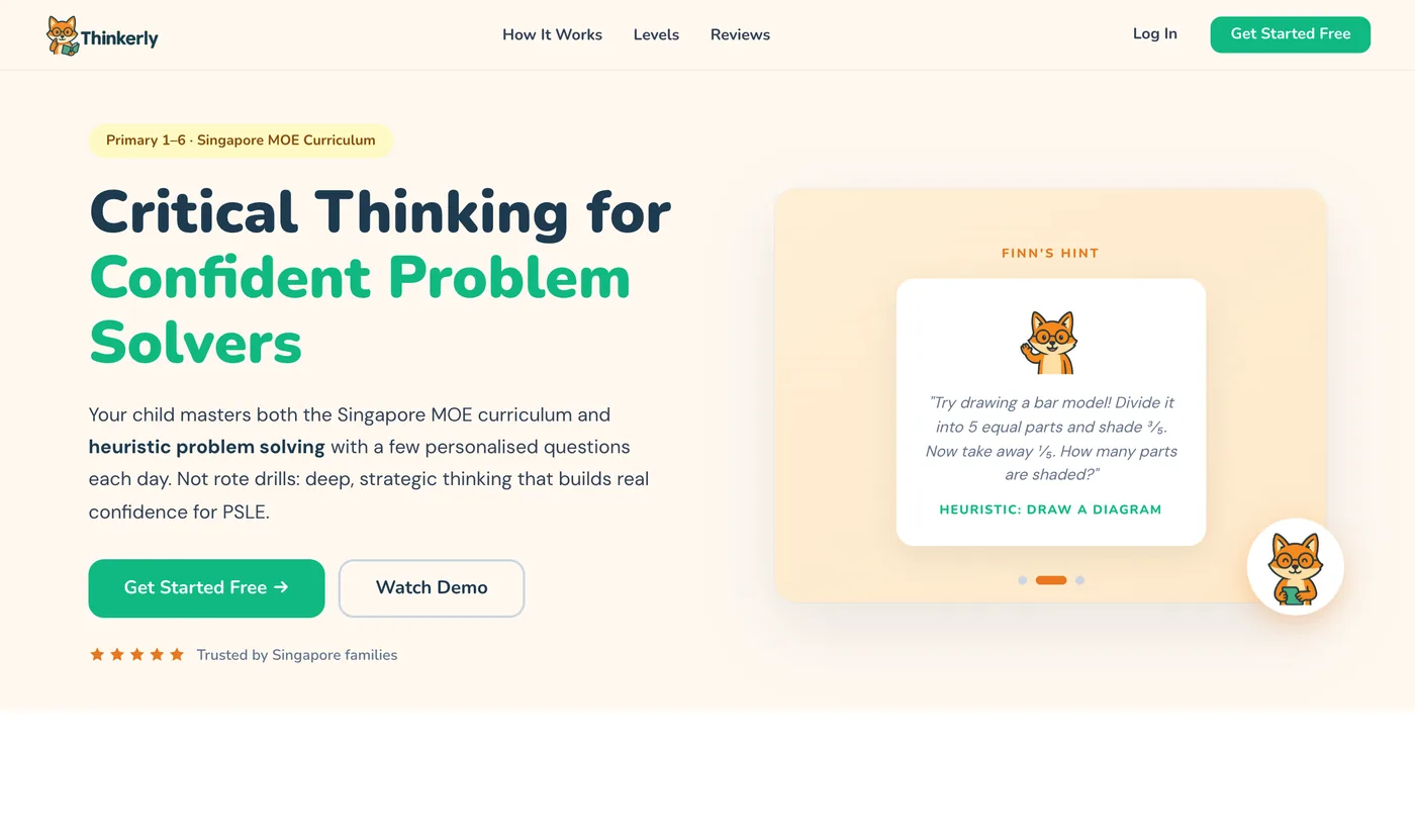 Thinkerly's homepage: 'Critical Thinking for Confident Problem Solvers' — a maths heuristics app for the Singapore MOE curriculum, with Finn the fox giving a hint about drawing a bar model.